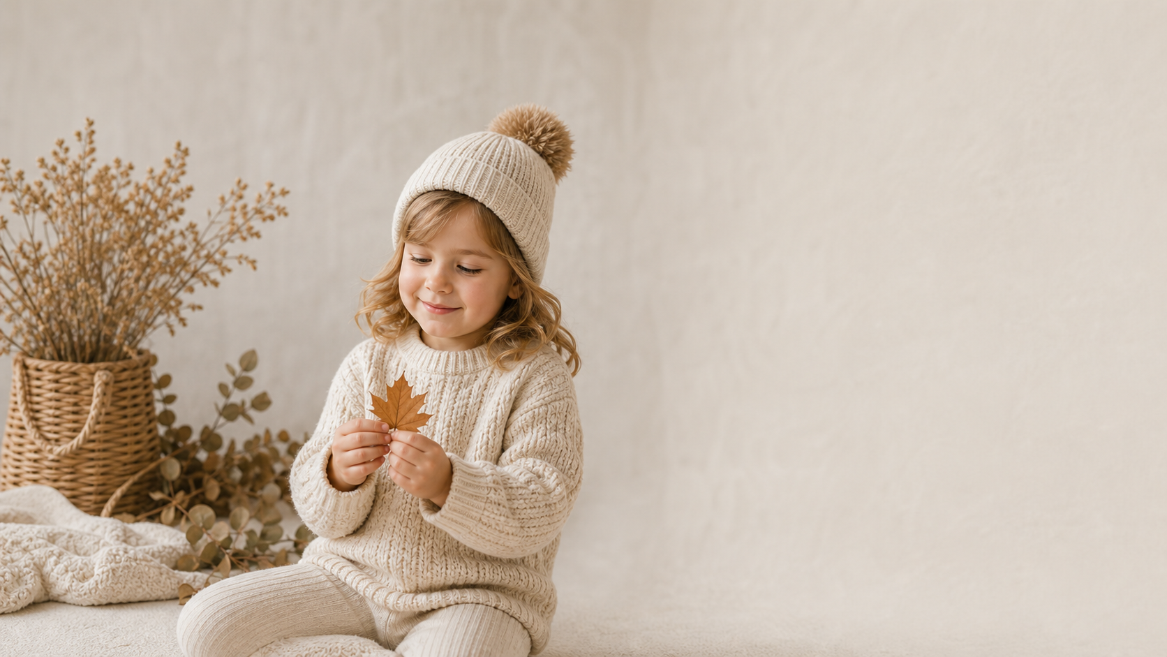 Young child in a knitted hat holding an autumn leaf, beside dried botanicals