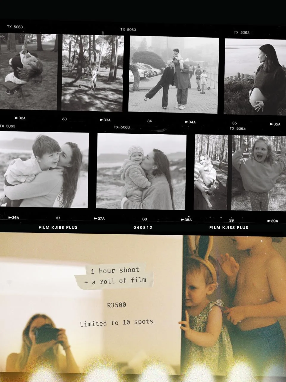A contact sheet of black-and-white film portraits — children, families and an expectant mother